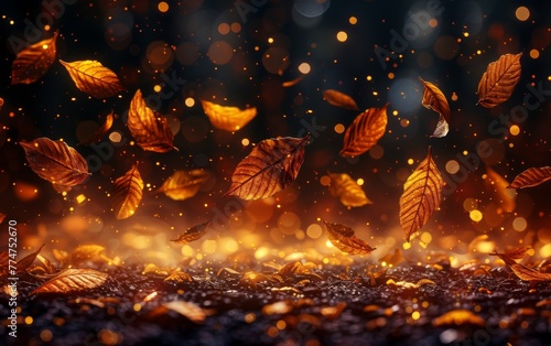 A photo of leaves falling in the air with a blurry background. The leaves are scattered all over the ground  creating a sense of movement and chaos. The photo has a dreamy  ethereal quality to it