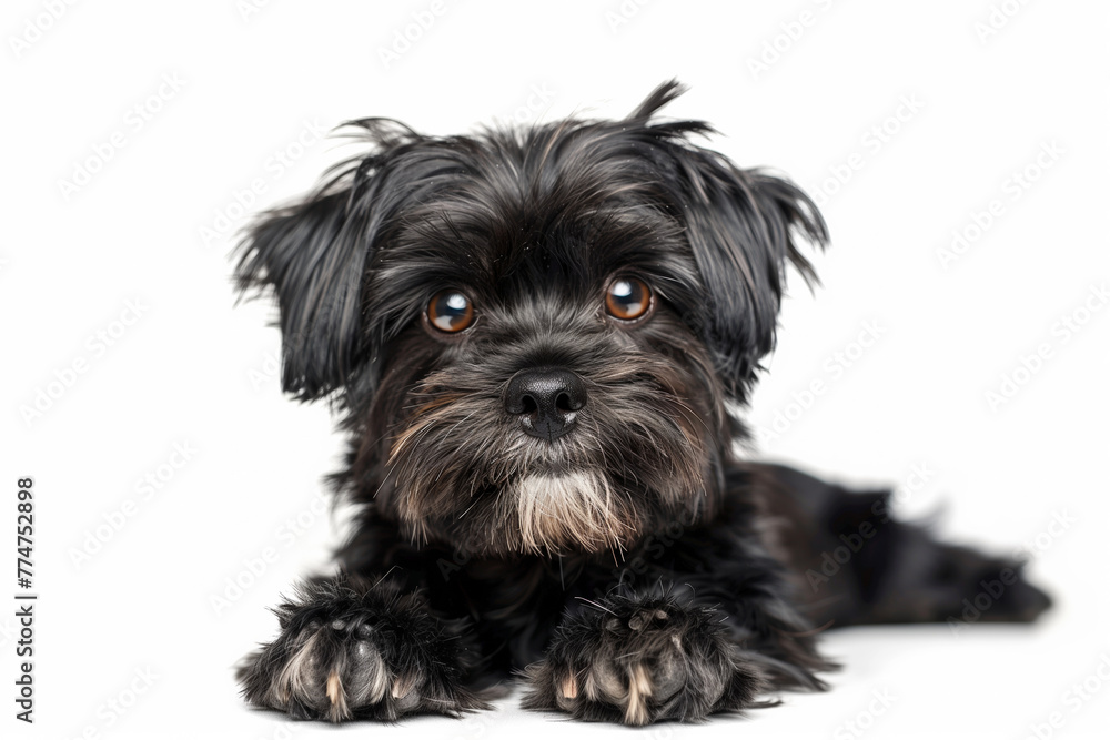 Cute dark haired Shih Tzu puppy facing the camera, lying down on a white background