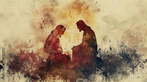 Forgiveness of Jesus with a minimalist digital watercolor photo of him pardoning a repentant sinner 