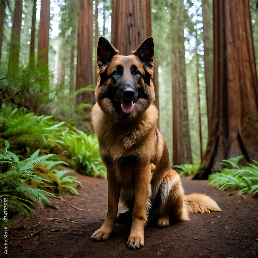 Belgian Shepherd enjoying a scenic hike through a majestic redwood forest Belgian Shepherd enjoying a scenic hike through a majestic redwood forest