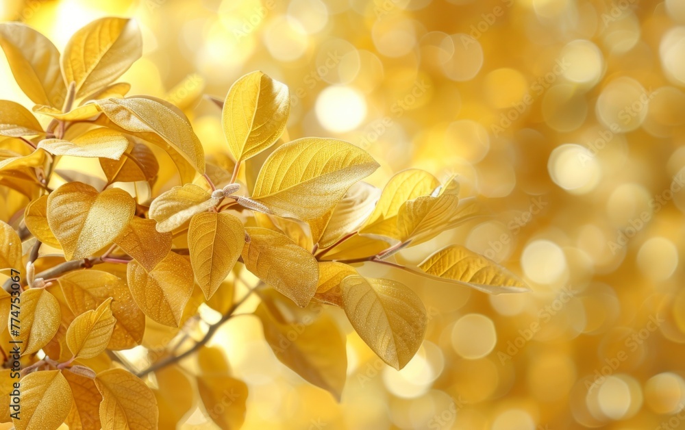 Obraz premium A tree branch with leaves that are golden in color. The leaves are wet and shiny, and the branch is surrounded by a blurry background. Concept of warmth and tranquility, as the golden leaves