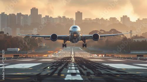 Un grande aereo di linea che decolla dalla pista di un aeroporto a mezzogiorno con il carrello d'atterraggio abbassato ,  aereo in fase di decollo  atterraggio photo
