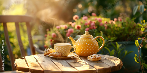 Summer tea party in garden. Yellow polka dot teapot, cup of tea and pastry is on wooden table outdoors. photo