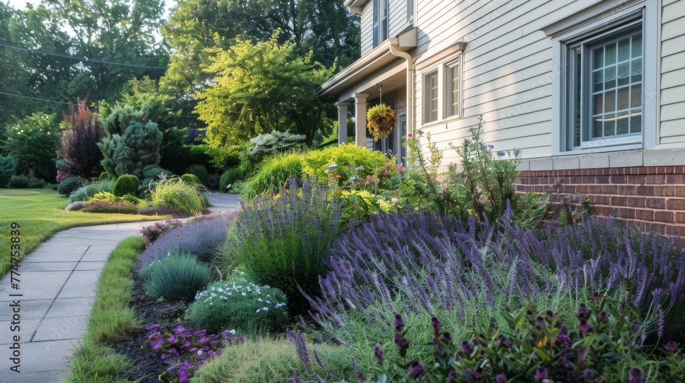 Obraz premium Charming House With Abundant Front Yard Flowers