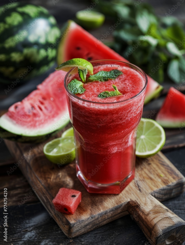 Watermelon smoothie on a rustic board with mint - A delightful and fresh watermelon smoothie topped with mint, presented on a rustic wooden board, waiting to be enjoyed Watermelon smoothie on a rustic board with mint - A delightful and fresh watermelon smoothie topped with mint, presented on a rustic wooden board, waiting to be enjoyed