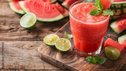 Refreshing watermelon smoothie with lime garnish - A enticing fresh watermelon smoothie topped with a slice of lime and mint leaves, on a wooden table