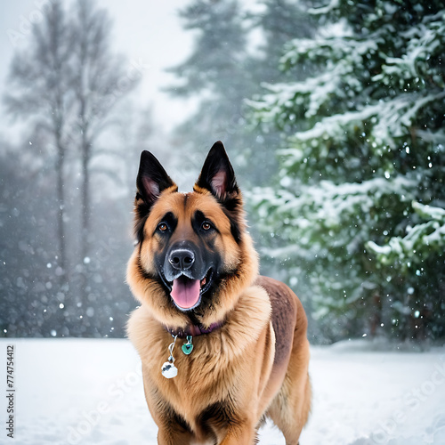Belgian Shepherd playing in a snow-covered park during a magical winter snowfall