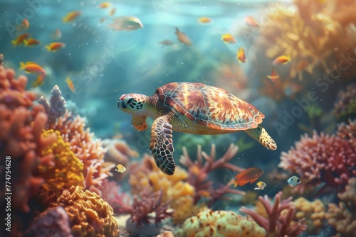 Green sea turtle swimming on coral reef. Underwater world