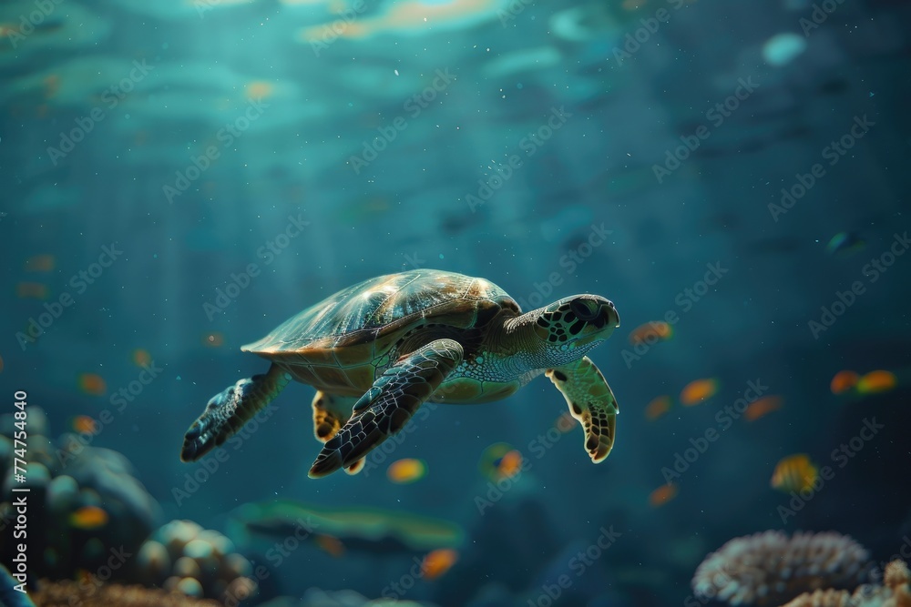 Obraz premium Green sea turtle swimming in coral reef. Underwater photo of marine life.