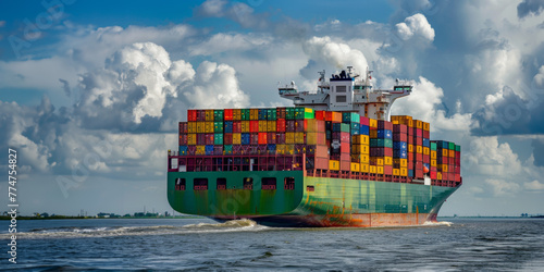 navire porte-conteneurs naviguant sur une mer calme sous un ciel nuageux photo