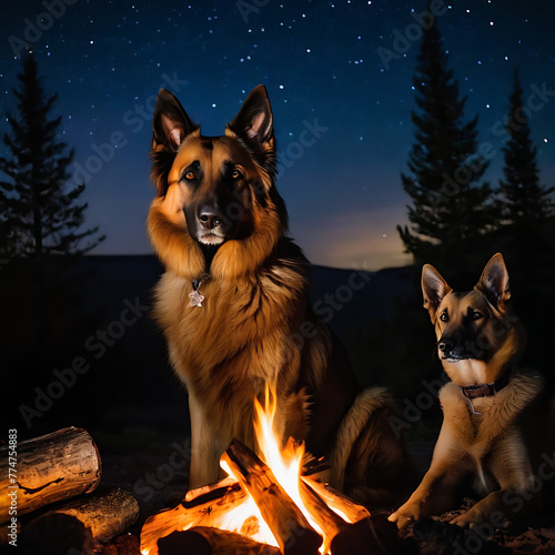 Belgian Shepherd sitting beside a cozy campfire with glowing embers under a starry sky