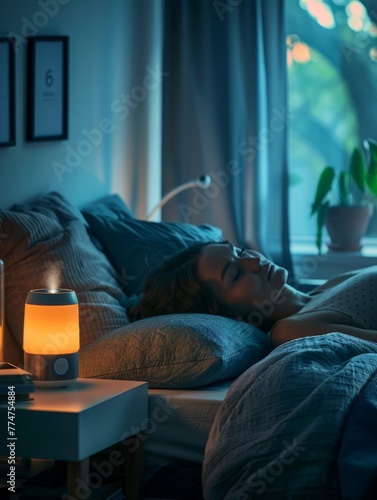 Cozy bedroom scene with soft lighting - A warm and inviting bedroom scene depicting a peaceful sleep environment with a soft glow lamp and comfortable bedding © Tida