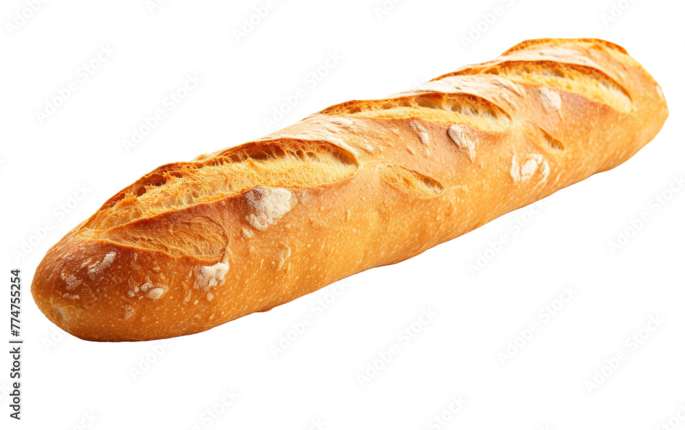 A long sourdough loaf rests gracefully on a white background