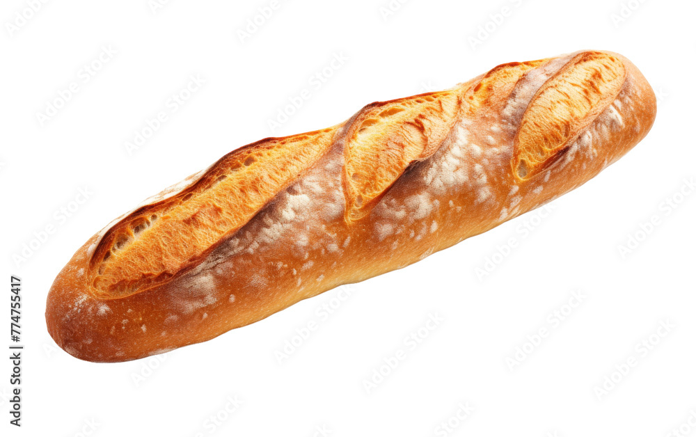 A long loaf of bread standing elegantly on a white background A long loaf of bread standing elegantly on a white background