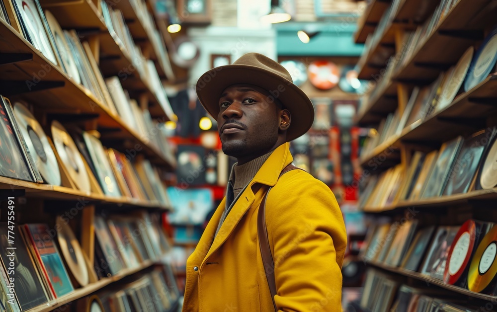 A man wearing a yellow jacket stands in a library surrounded by bookshelves. He is wearing a hat and he is looking at the books A man wearing a yellow jacket stands in a library surrounded by bookshelves. He is wearing a hat and he is looking at the books