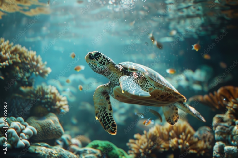 Green sea turtle swimming in coral reef. Underwater photo of marine life.