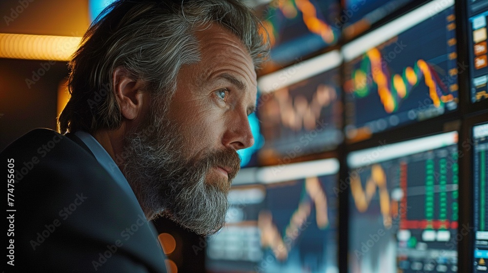 forex trader working on large displays.