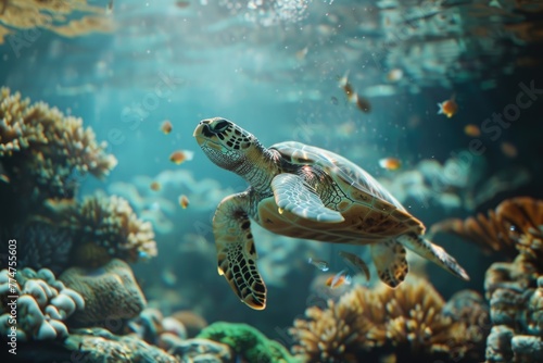 Green sea turtle swimming in coral reef. Underwater photo of marine life. © MrHamster