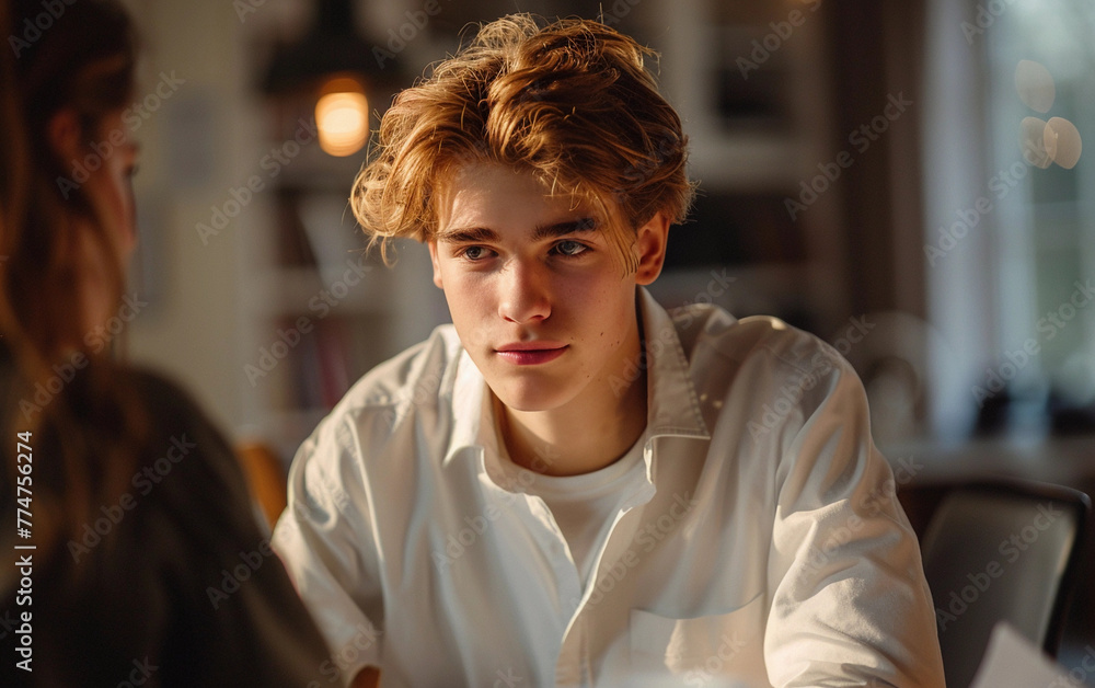Fototapeta premium A young man with red hair is sitting at a table with a woman. He is wearing a white shirt and looking at the camera
