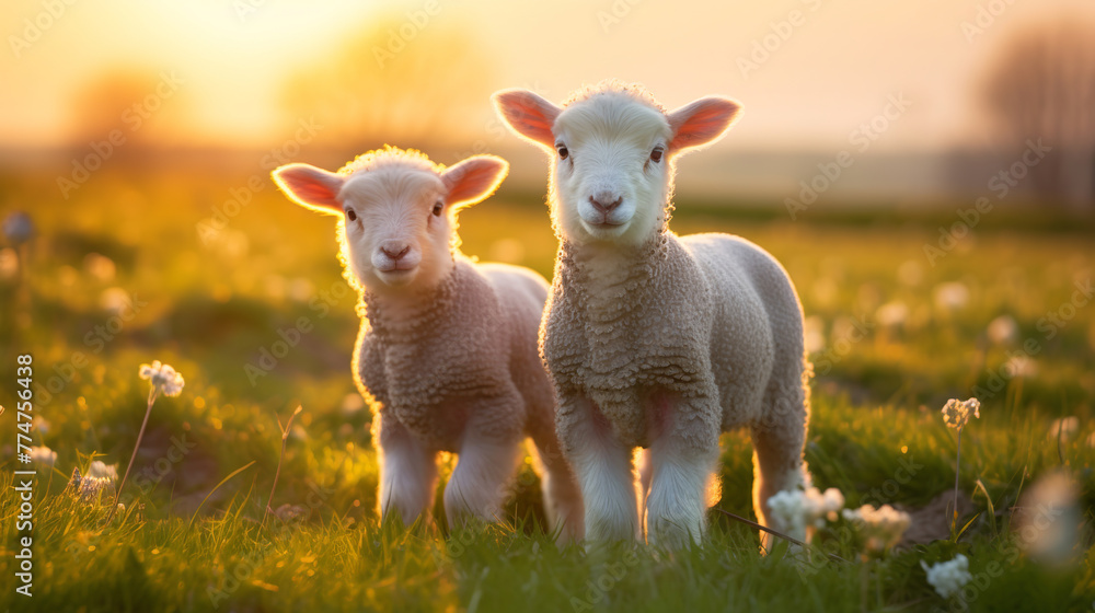 Obraz premium cute lambs on a lush meadow at sunrise