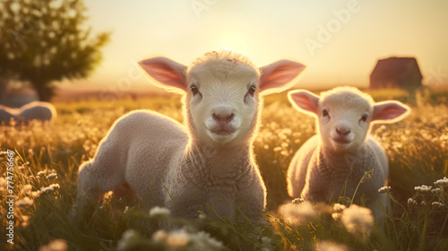 cute lambs on a lush meadow at sunrise