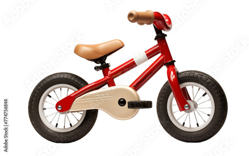 A vintage red and white bicycle with a charming wooden seat