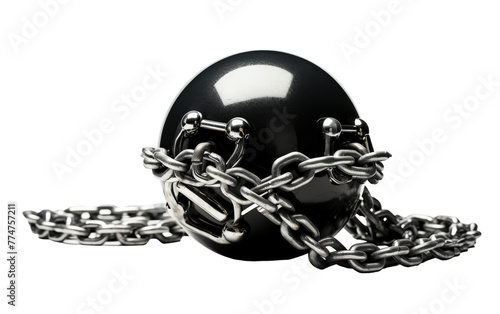 A silver ball and chain resting on a white background, symbolizing constraint and limitation