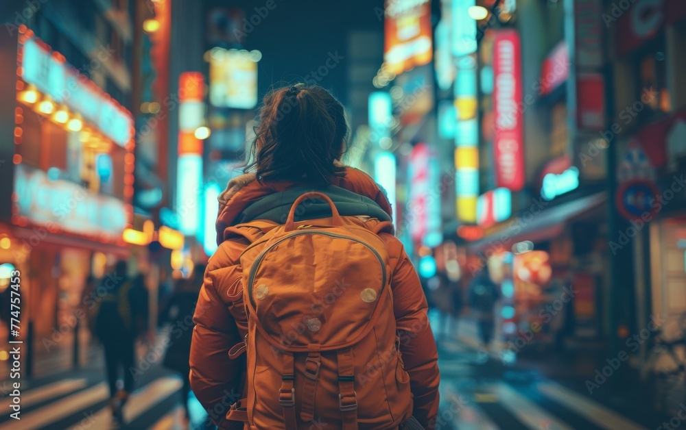 A woman wearing a backpack is walking down a city street at night. The city is lit up with neon signs and the woman is the only person visible in the scene A woman wearing a backpack is walking down a city street at night. The city is lit up with neon signs and the woman is the only person visible in the scene