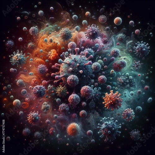 A vivid representation of various virus particles in an abstract  colorful microcosm. Artistic interpretation of microscopic life forms in a mesmerizing composition. AI generation