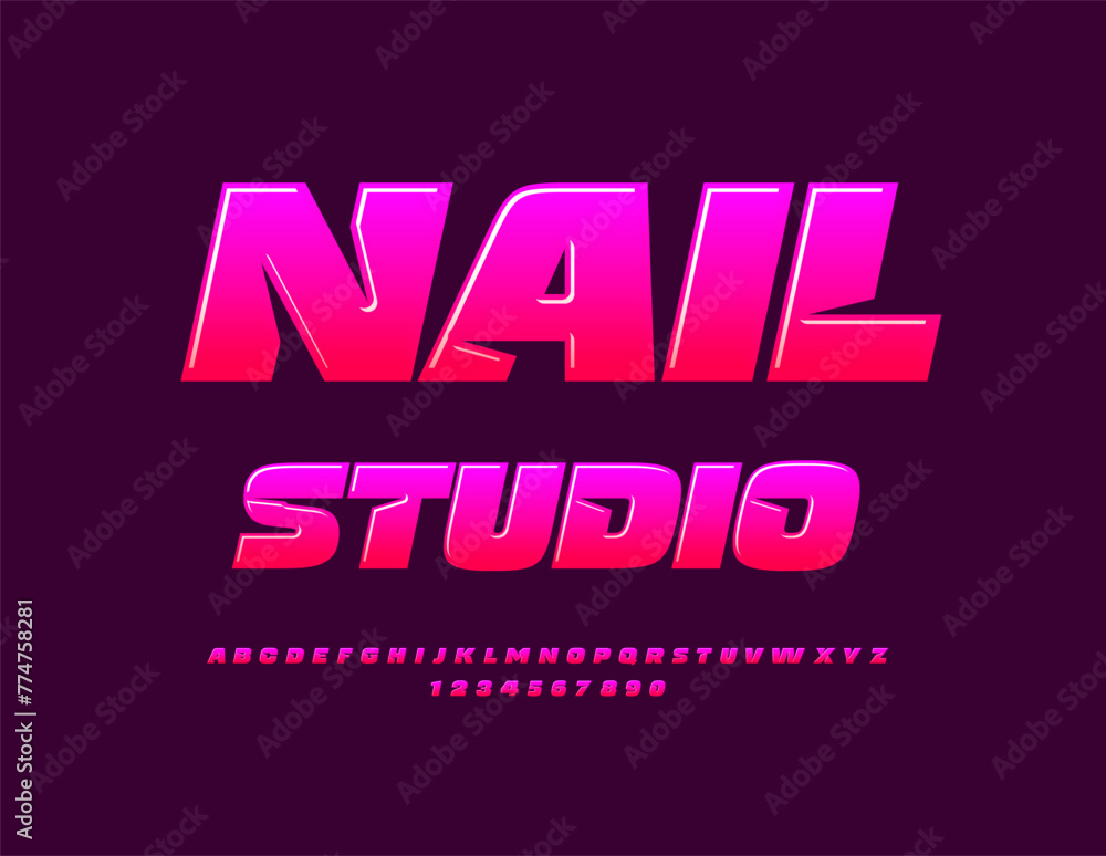 Vector glamour sign Nail Studio. Stylish Pink Font. Trendy Glossy Alphabet Letters and Numbers set.