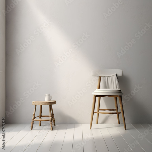 white chair in a room, white wall background