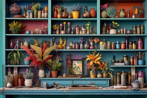 Colorful Workshop Inspirations: Vibrant Artist's Studio Shelves & Art Supplies