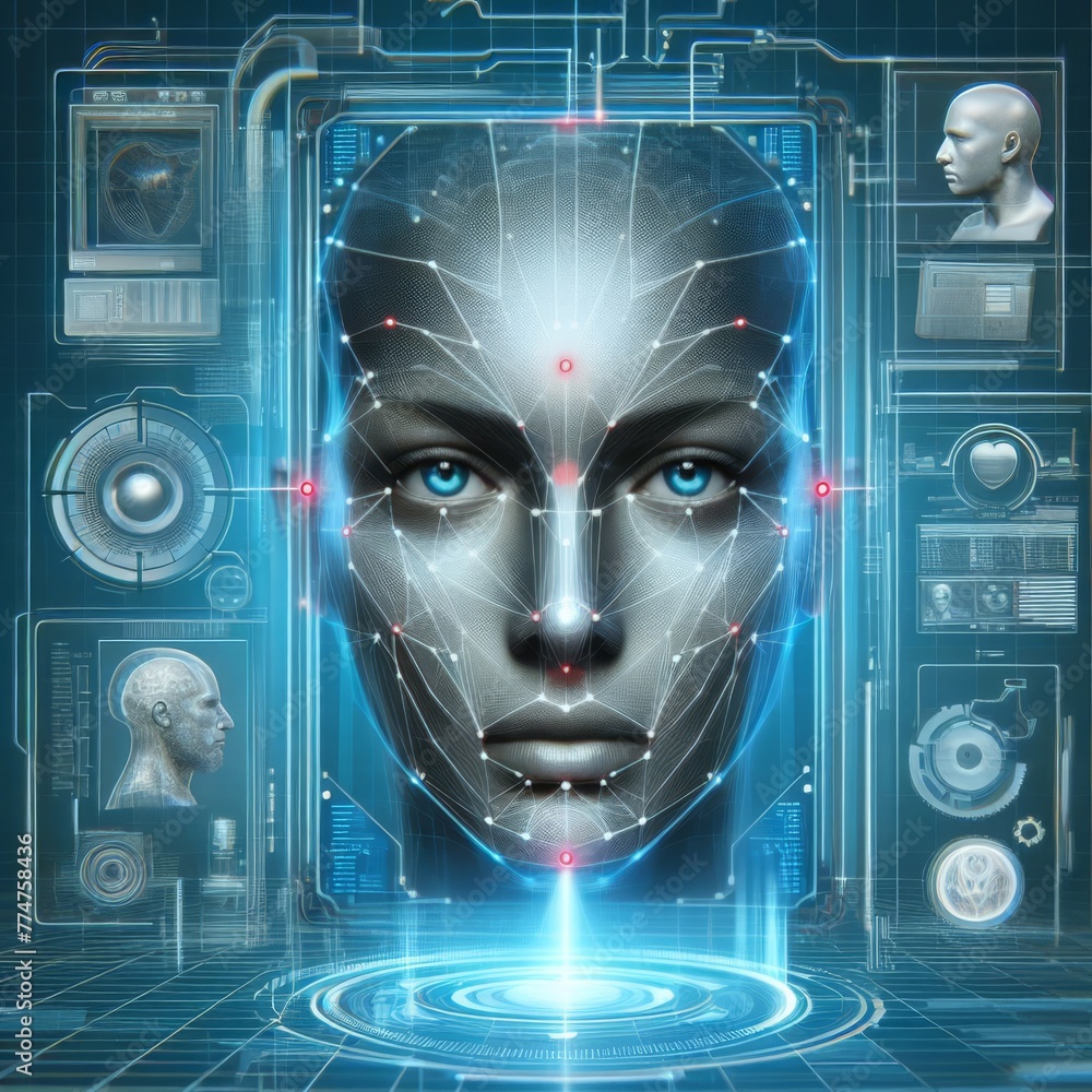 A highly detailed artificial intelligence interface showcases facial ...