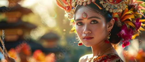 Portrait of a Balinese woman dressed in national costume during a traditional ceremony.