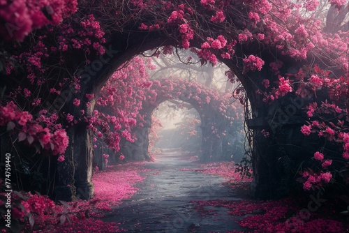 Enchanting pink blossom archway in mist photo