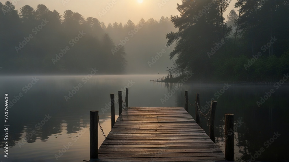 Fototapeta premium A peacefully aging wooden dock emerges from the mist-shrouded lake at the break of dawn. Its weathered planks exude a quiet charm, surrounded by the hazy light of early morning. This evocative scene.