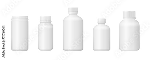3d blank template medical packaging for pill, liquid medication. Realistic vector packaging medicine bottles for cosmetics vitamins pills, capsules. Pillbox, antibiotic cure. Mockup of plastic bo © Little Monster 2070