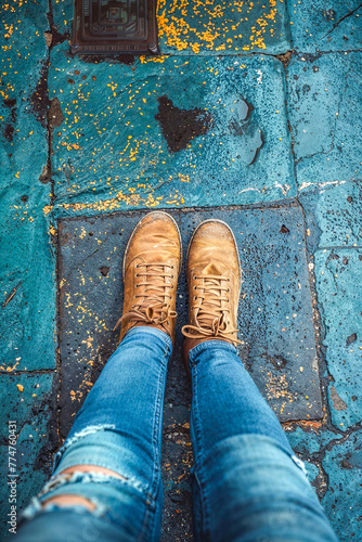 Top view photo of legs in jeans and feet in suede shoes on wet asphalt