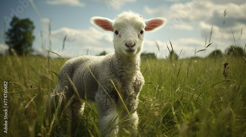 Domestic lamb grazing on a green meadow