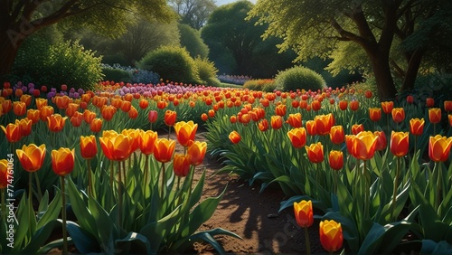 A tranquil garden oasis unfolds before the viewer, vibrant tulips and daffodils with petals that seem to sway in the gentle breeze, surrounded by lush, vibrant green foliage.  #774761064