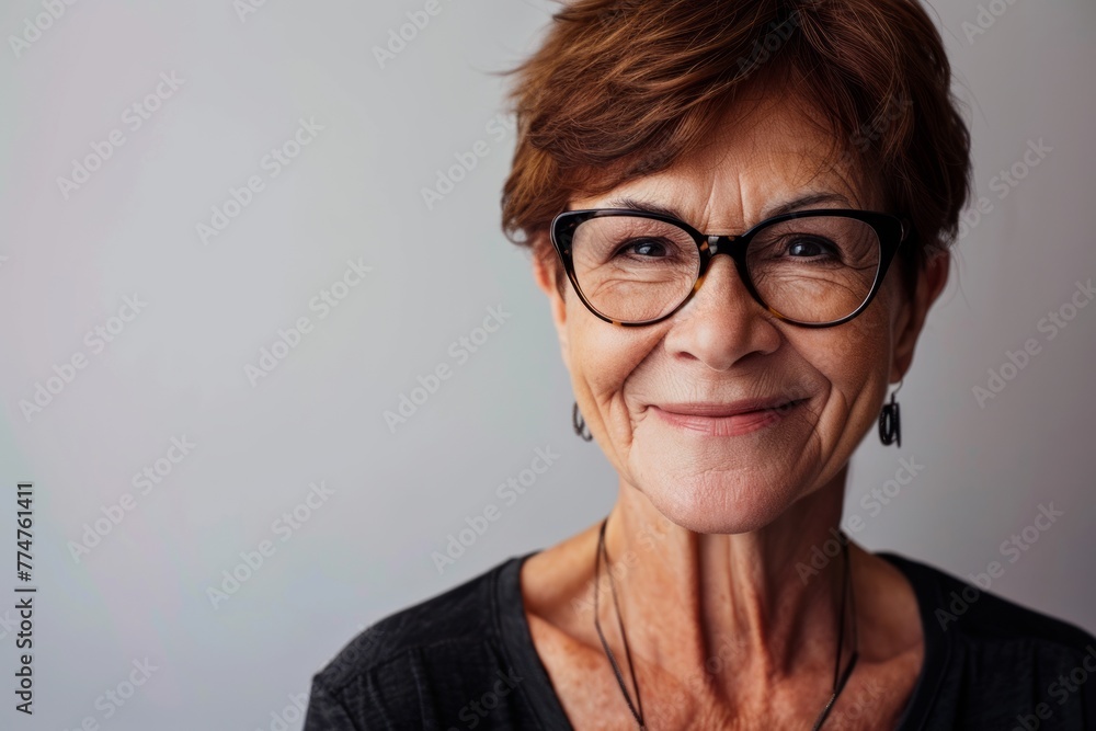 Portrait of a smiling senior woman with eyeglasses against grey background