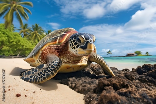 Sea turtle in tropical outdoors. with a beautiful and sunny beach as a backdrop