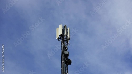 Aerial footage of tower antenna telecommunication cell phone, radio transmitters of cellular 5g 4g mobile and smartphones.