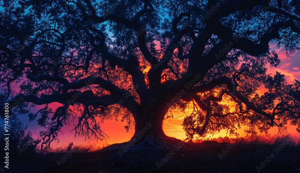 Sunset Serenity A Tree's Silhouette in the Fading Light Generative AI