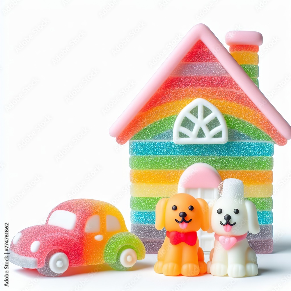 Obraz premium a couple wedding dog in front of house and car made of pastel color rainbow gummy candy on a white background