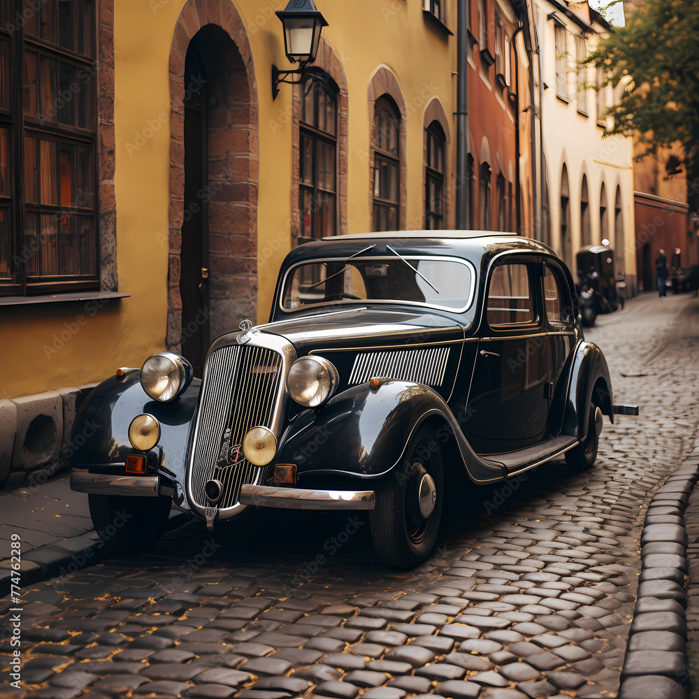Vintage car parked on a cobblestone street. 