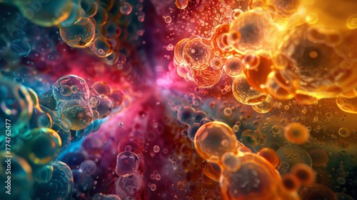 A vibrant abstract digital artwork, featuring a dynamic array of bubbles and glowing particles with a vivid color gradient