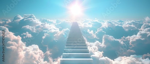 A staircase in the sky. Concept with clouds in white and a sun in the sky. Concept of religion.