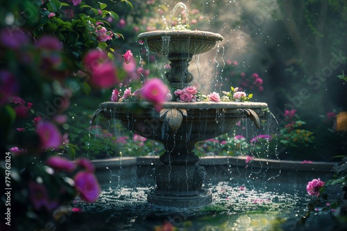 Classic garden fountain with roses and water drops