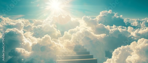 The Stairway to Heaven. Concept with white clouds and the sun behind it. Background concept with religion.
